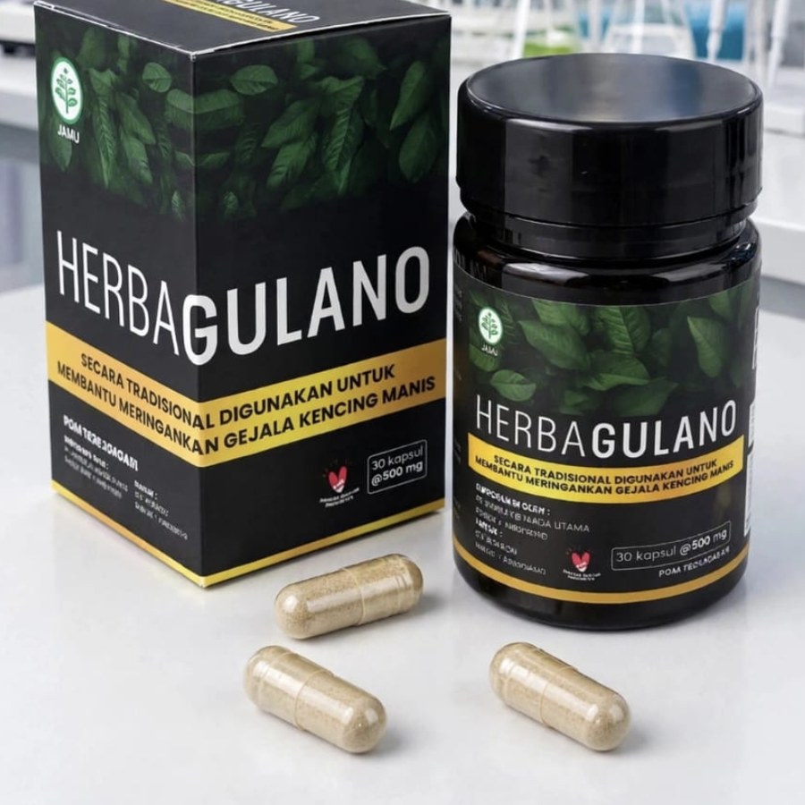 Kemasan HerbaGULANO: kotak dan botol kapsul herbal